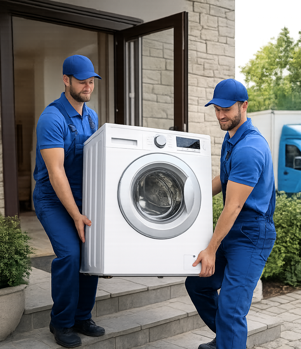 Möbeltransport Nürnberg – Waschmaschine tragen Zwei Möbelpacker tragen eine Waschmaschine – Möbeltransport Nürnberg und Fürth