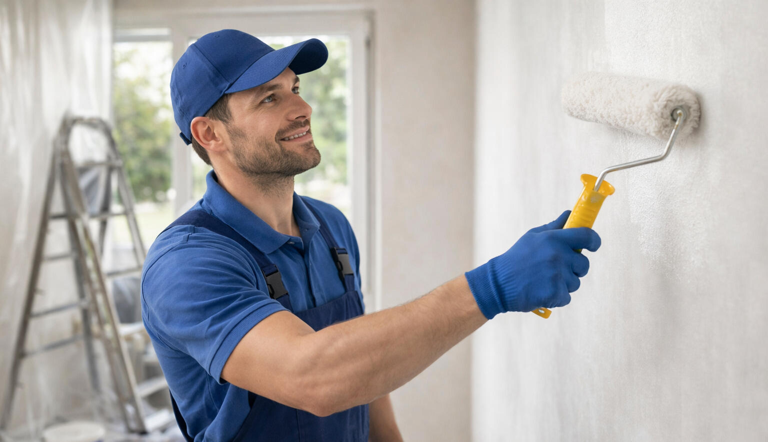 Renovierung & Malerarbeiten in Nürnberg und Fürth Mitarbeiter streicht eine Wand bei Renovierungsarbeiten in Nürnberg